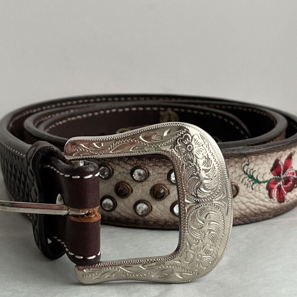 Circle Y Of Yoakum Belt Size 44 Tooled Leather Embroidered Rhinestones Western